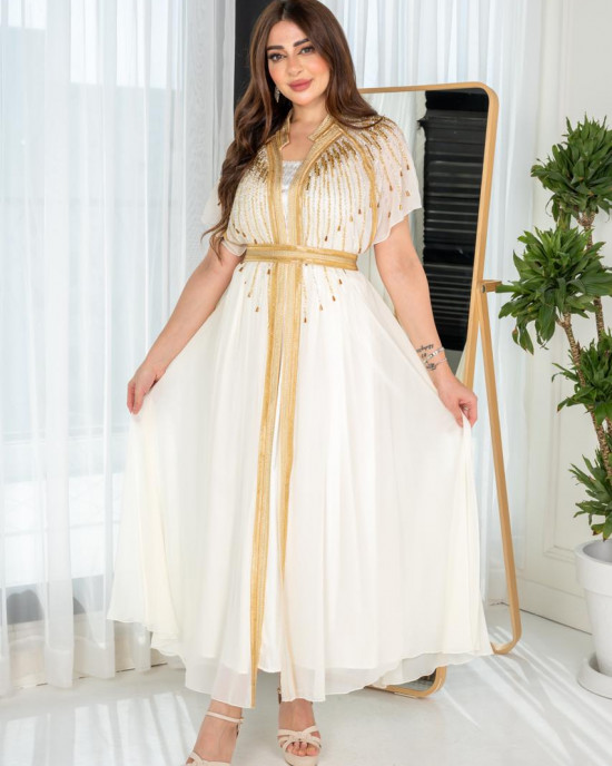 جلابية فاخرة مطرز بحزام مطرز 