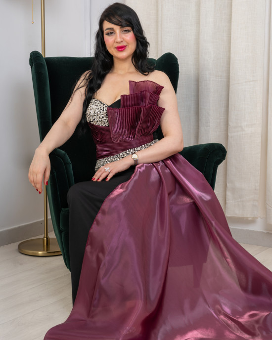 فستان سهرة ملكي بلون النبيتي والأسود